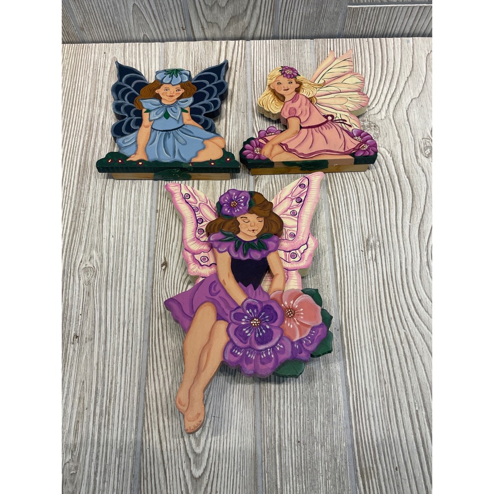 Handmade Hand Painted Wooden Fairy Shelf Sitter Set 3 Folk Art Fantasy Decor